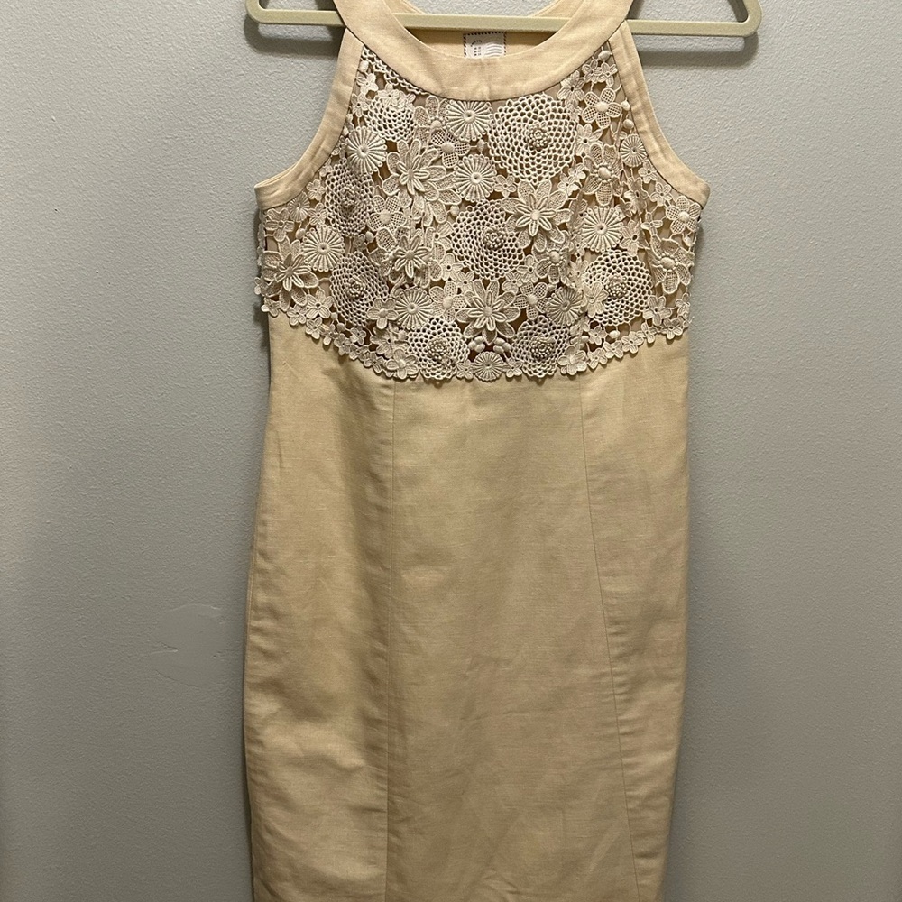 Anthropologie Postage Stamp Oleander crochet Linen Sheath Dress Size 10 Cream - Picture 7 of 14